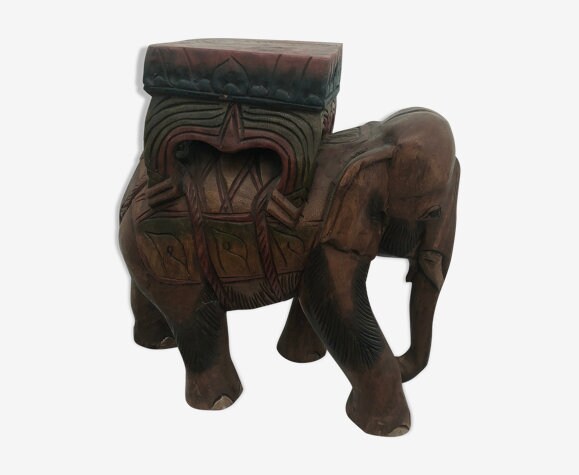 Grand Eléphant- Bois Sculpté - Polychromie Vintage