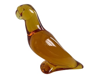 Loro de cristal ámbar de Baccarat: figura vintage firmada por Baccarat Francia, escultura de pájaro de la década de 1970.