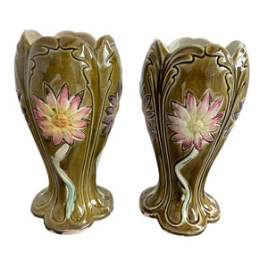 Antique, barbotine vases, pair, Art Nouveau, DE BRUYN earthenware, signed, numbered, flower decoration, Fives Lille, Late 19th century, France