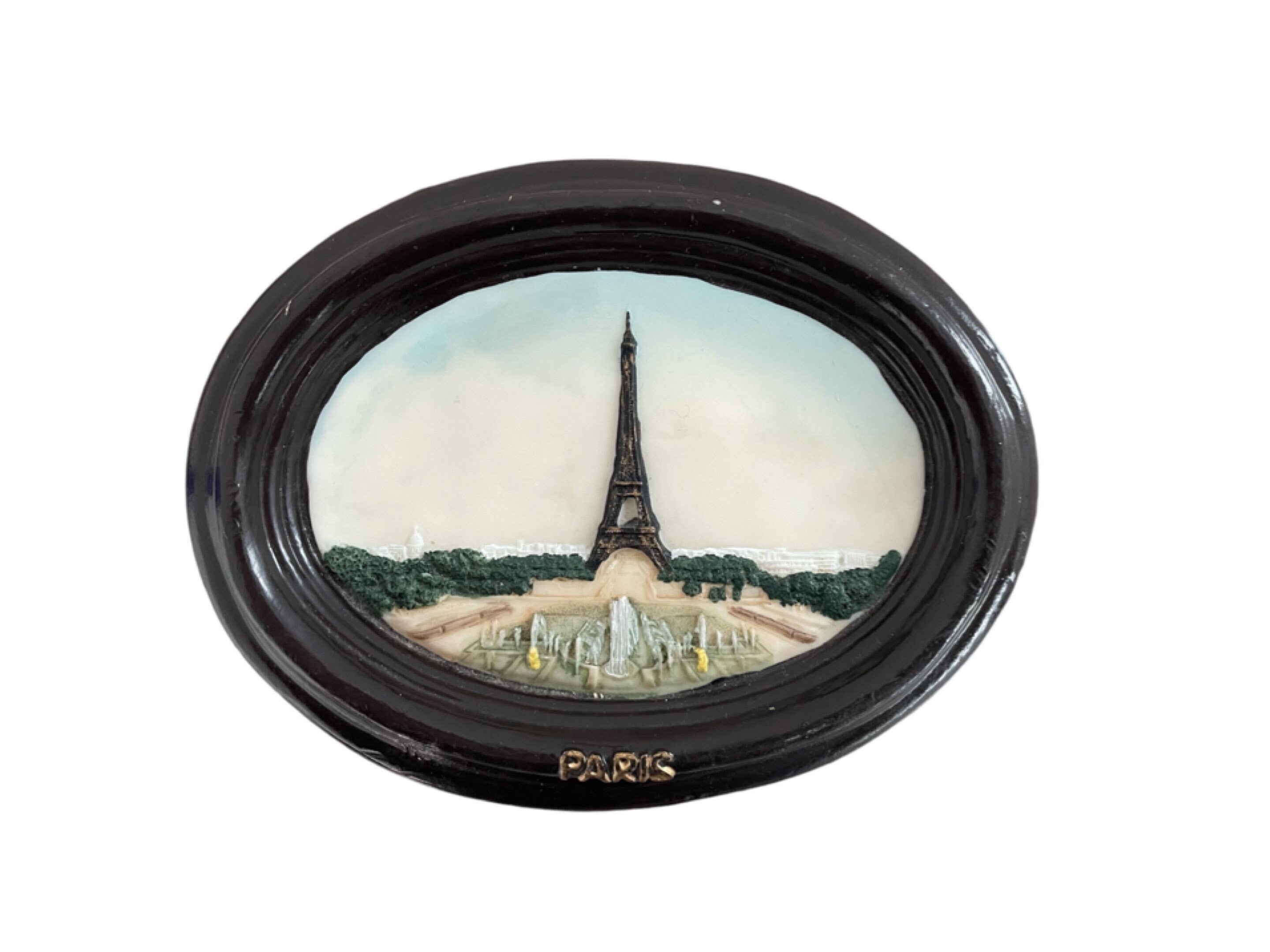 Vintage, ceramic frame, sculpture, carved decor, Eiffel Tower, Trocadéro, old souvenir, French decoration, shabby chic, France