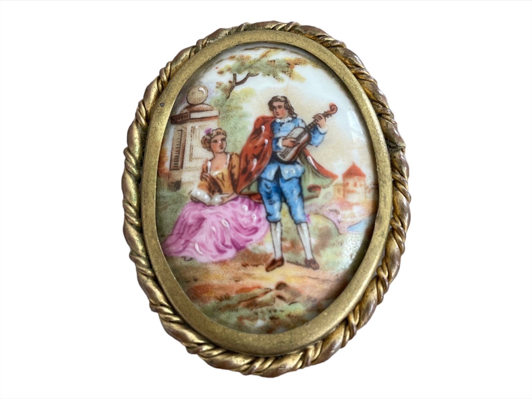 Broche Ancienne Art Déco Limoges France Vers 1930 – Porcelaine, Alliage, Occasion