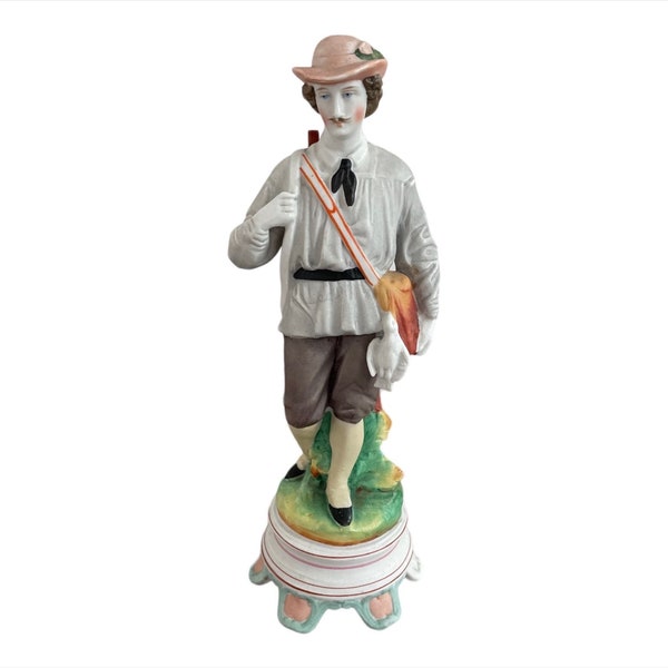 Antique, figurine, statue, céramique, peinte à la main, chasseur, Homme au fusil, chapeau, décor français, décoration, collection, France