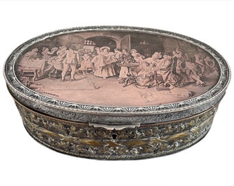 Antique, jewelry box, oval, signed L'ALDIGIER GR, lithograph decoration, baptism scene, 18th century, red velvet interior, France