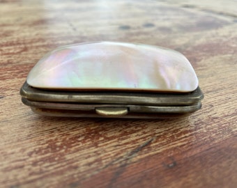 Antique, mother-of-pearl coin purse, blue silk interior, 3 compartments, silver metal frame, curiosity, display case, early 20th century, France