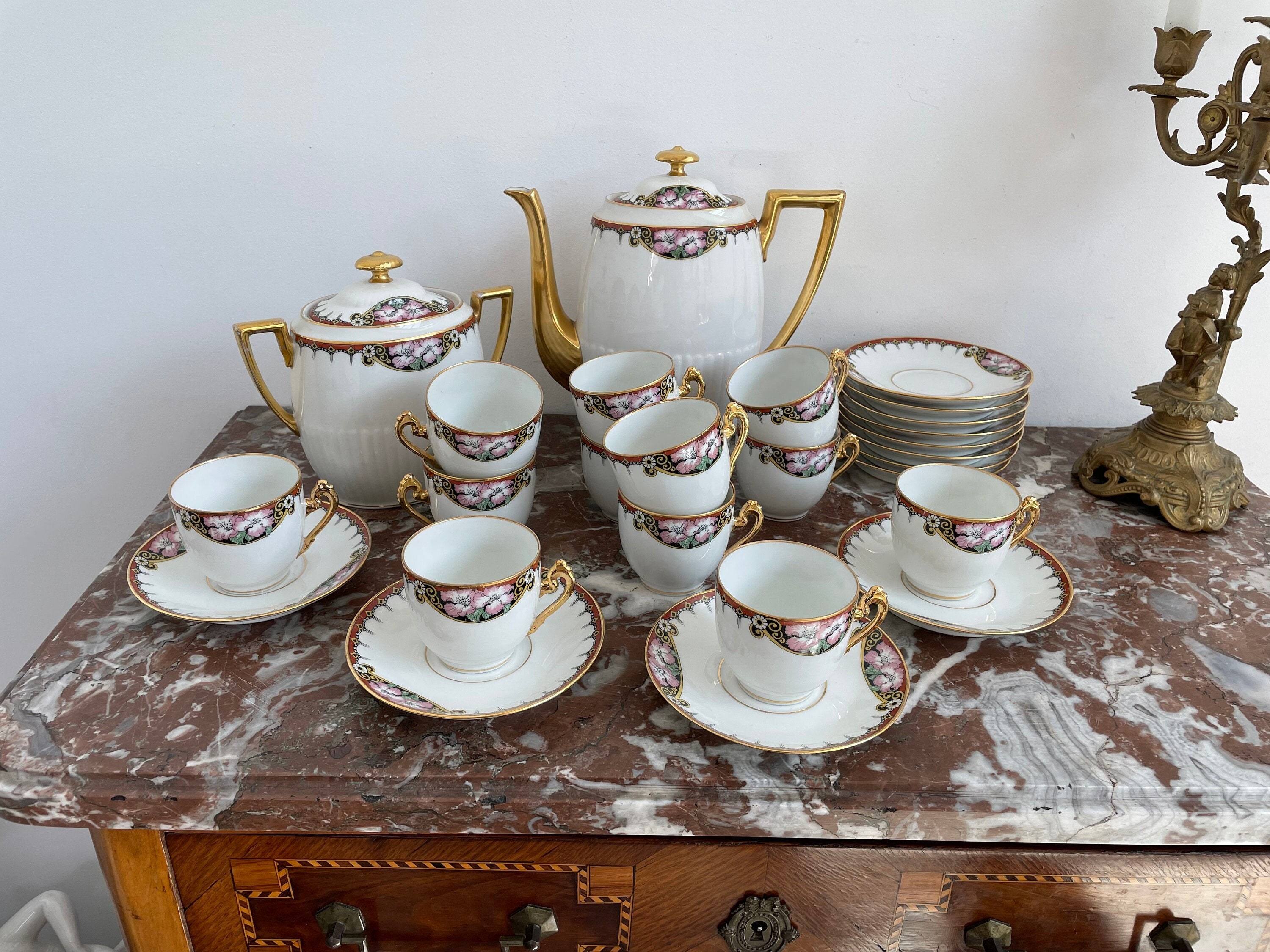 Vintage, service à café, thé, Paul Delage, Limoges, Fleurs, 26