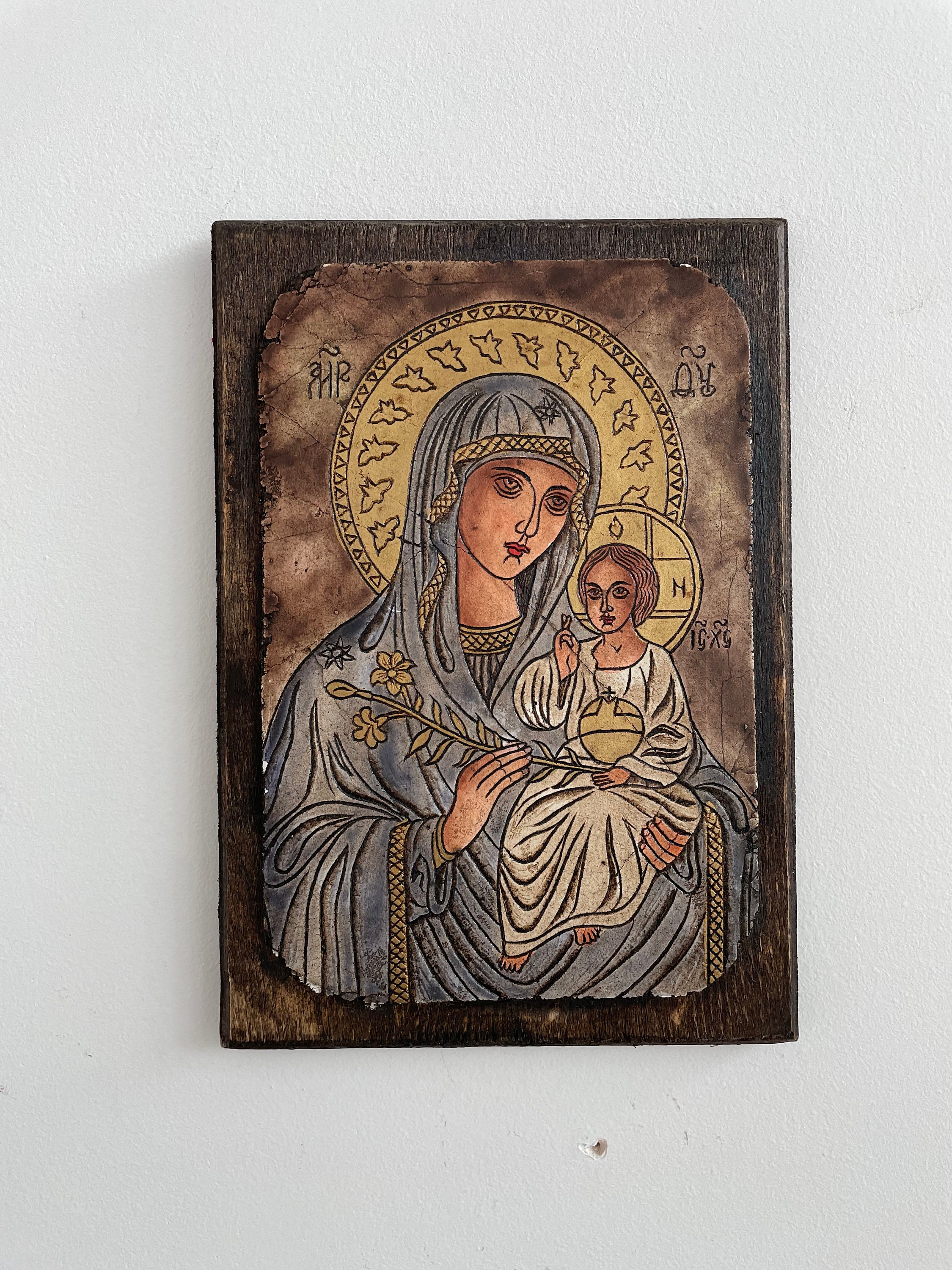 Icône Bulgare sur Bois - Vierge à L'enfant