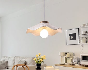 Stof bloem hanglamp, Scandinavische crème stijl eetkamer kroonluchter, golfstof hanglamp, minimalistische hanglamp, stoffen kroonluchter