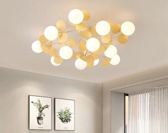 Cream Style Flower Branch Semi  Flush Mount Light,Nordic Living Room Bedroom Elegant Ceiling Lamp,Children's Room Macaron Decorative Lamp