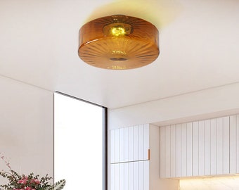 Vintage Style Glass Semi Flush Ceiling Light,Corrugated Glass Lampshade,Bauhaus Round Glass Luminaire,Entrance Balcony Ceiling Light