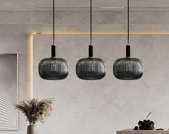 Lampada a sospensione in vetro nero, lampadario in stile industriale, paralume in vetro a strisce, lampadario personalizzato per arredamento bar da pranzo