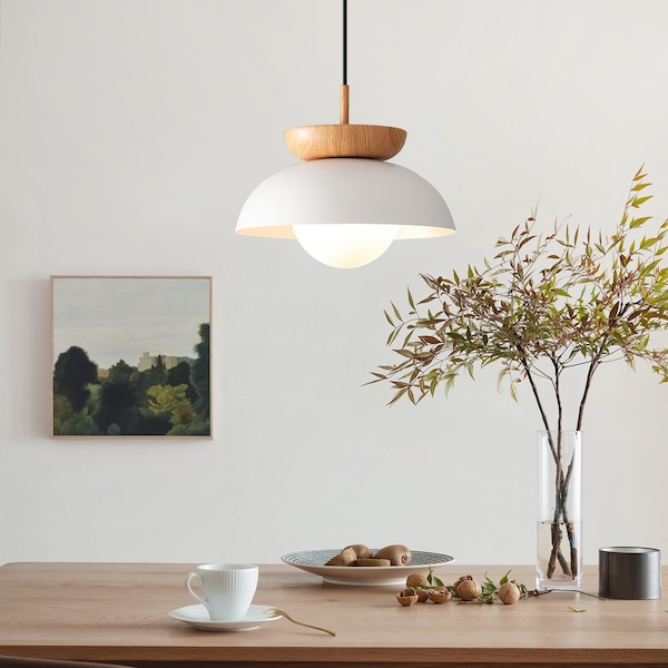 Suspension de style bûche japonaise, lustre moderne d'éclairage de salle à manger minimaliste, lampe suspendue nordique en métal et bois