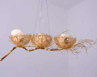 Bird Nest Chandelier,Glass Eggs Lamp Shade,Bird Art Decor Lamp,Tree Branch Chandelier,Gold Ceiling Light Fixture