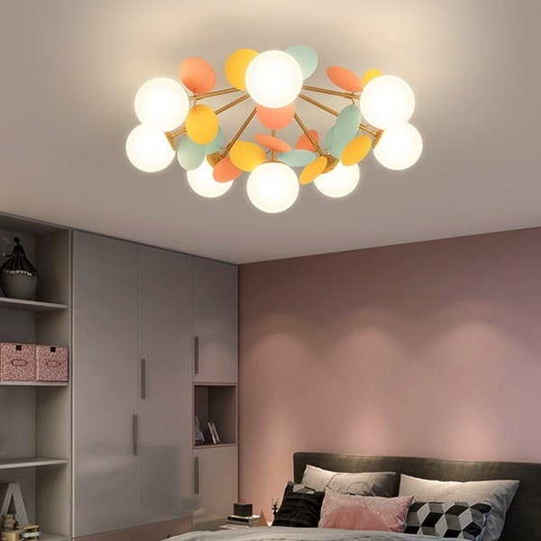 Nordic Colorful Ceiling Lamp,Elegant Living Room Flush Mount Light,Creative Glass Magic Bean Chandelier,Macarons Children's Room Decor Lamp