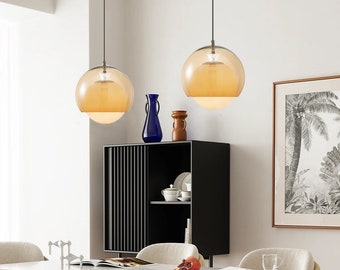 Amber Vintage Hanging Lamp,Glass Single-head Pendant Light,Bedroom Bedside Chandelier Lighting,Minimalist Kitchen Island Pendant Lamp