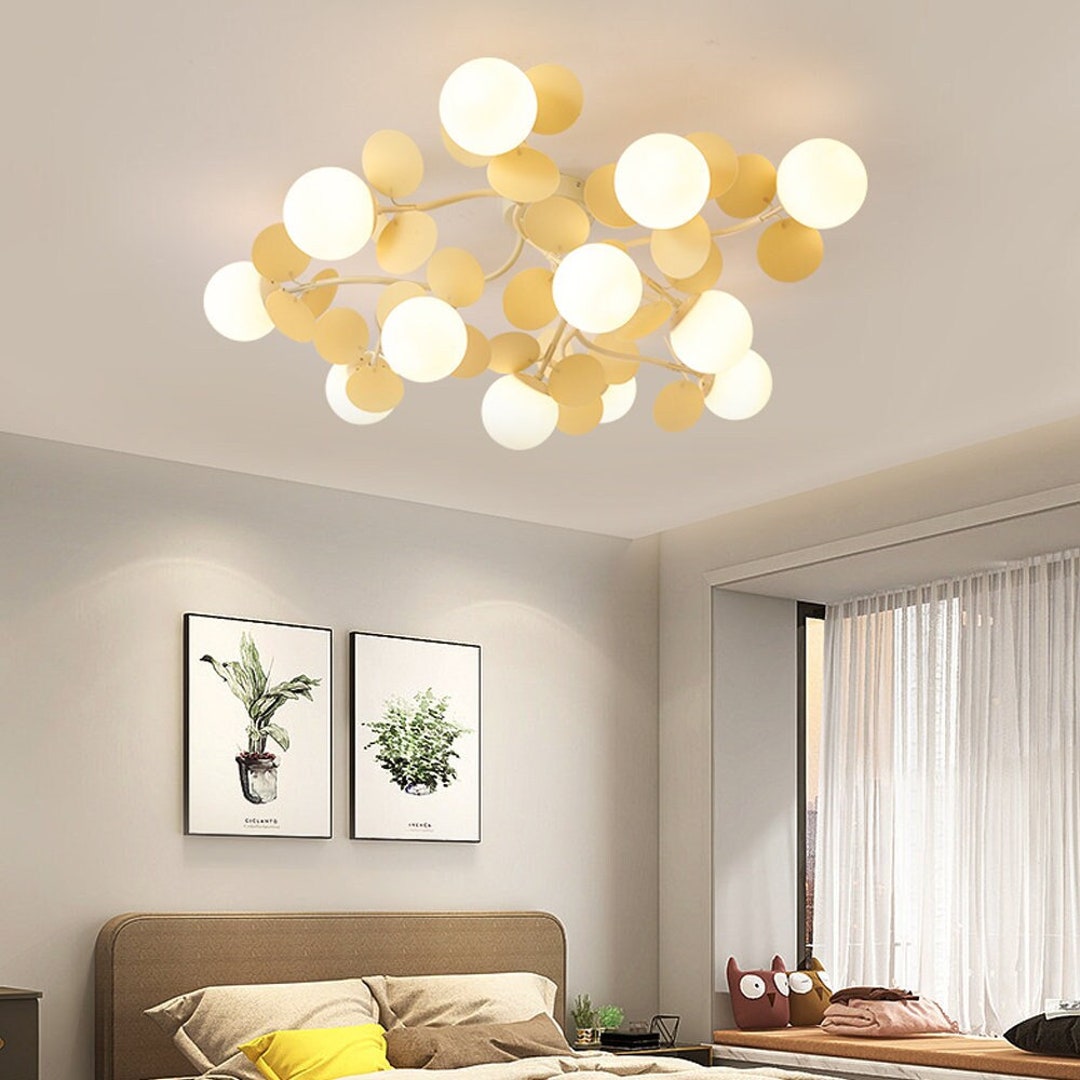 Cream Style Flower Branch Semi Flush Mount Light,nordic Living Room Bedroom Elegant Ceiling Lamp ...