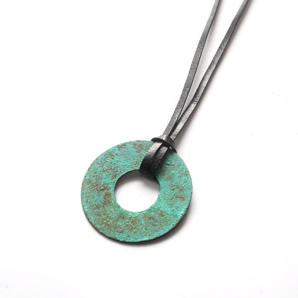 Green/turquoise Copper Necklace with Leather Strap, Verdigris Patina Copper Necklace