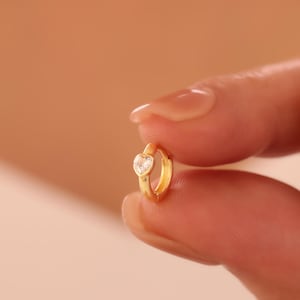 925K Silver gold plated heart zircon stone tragus earring, Minimalist and stylish cartilage, Mini Heart Thin Ring Piercing Helix Cartilage