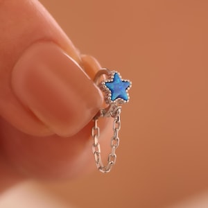 Silver Blue Star Tragus earrings, Minimalist Cartilage Piercing, Opal Ring Chain jewelry, y2k earrings, y2k jewelry, opal spiral jewelry