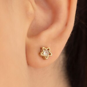 925 Sterling Silver Gold Star CZ Earrings, Minimalist Earrings with Zircon Stones, One Pair, Studs Earring
