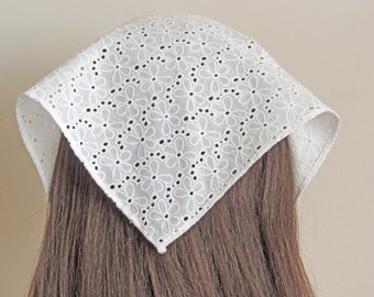 Summer Triangle Headscarf / White Broderie Cotton Bandana headbands UK/Cottage Hair Scarf/ Summer Hairkerchief/Hair Bandana UK