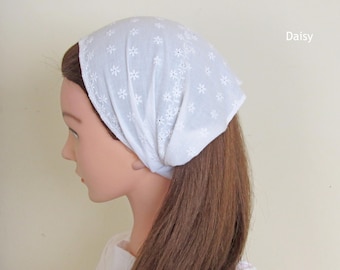 Cotton Hairscarf /Summer Beach Hairbands/White- Black Lace  Hairkerchief- Bandana Headband/ Headscarf With Elastic/Cotton Headwear UK