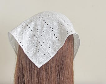 White Broderie Anglaise Cotton Headscarf - Embroidered Floral Bandana
