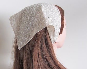 Summer Triangle Headscarf/ Latte Broderie Cotton Bandana headbands UK/Cottage Hair Scarf/ Summer Headscarf/Hair Bandana/ Hairkerchief UK