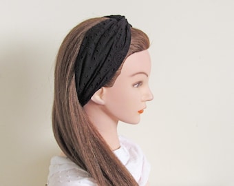 Schwarzes Baumwolle Stirnband, Twist Knot, Besticktes Stoff Haarband