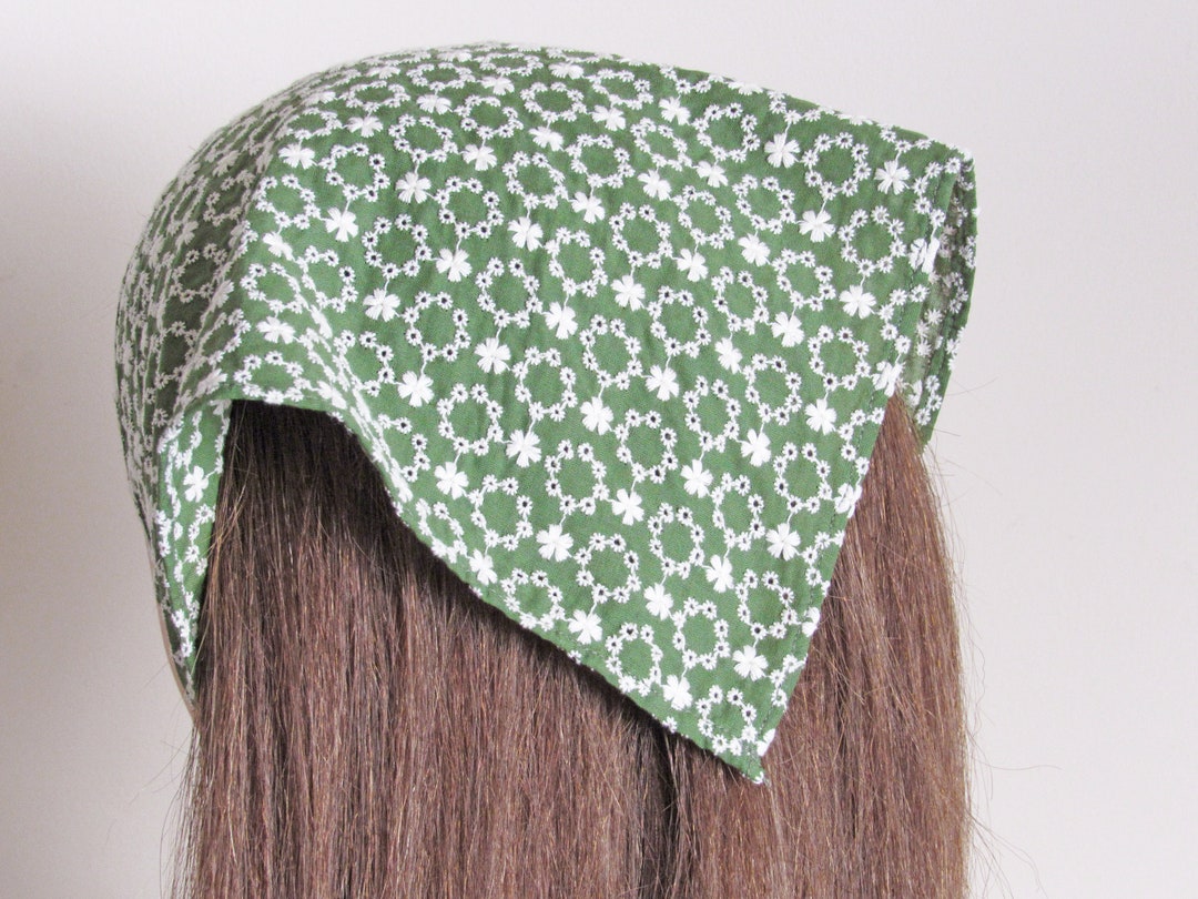 Summer Triangle Headscarf for Women/ Green Broderie Cotton Bandana
