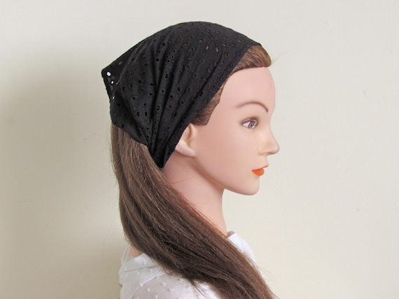 Fascia larga in cotone nero con ricamo floreale, foulard da