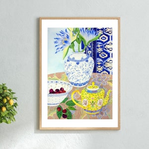 Chinoiserie Watercolour Framed Print, Wall Art, Blue Painting , Flowers Still Life, Waterlillies , Botanical Art 12x16 18x24 24x32 inch image 1