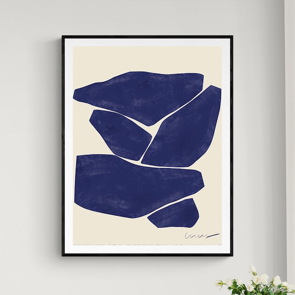 Abstract Illustration Framed Print , Blue Wall Art , Henri Matisse Style , Blue Minimal Living Room Decor , Modern 18x24 24x32 inch