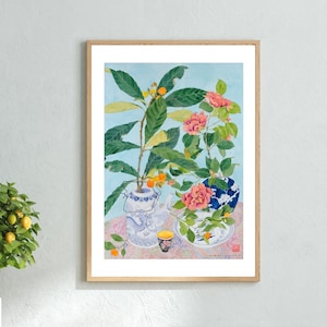 Chinoiserie Watercolour Framed Print , Flower Wall Art , Floral Painting , Flowers Still Life , Fruit Plant Wall Decor , Chinese Ceramics