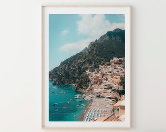 Amalfi Coast Print , Framed Wall Art , Italian Summer Wall Decor , Positano Beach Print , Home Decor, Living Room Art, 12x16 18x24 24x32