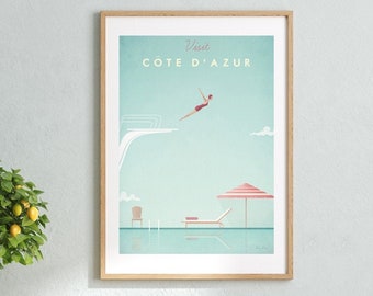 French Riviera Travel Poster , Vintage Framed Print , Retro Art , Swimming Pool Wall Art , Cote d'Azur Print , France , 18x24 12x16