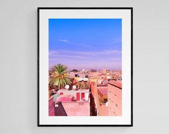 Lámina enmarcada de Marruecos, arte mural de edificios rosas, lámina de Marrakech, fotografía de viajes, decoración de salón boho, maximalista