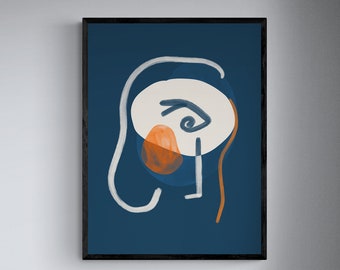 Abstract Framed Print , Face Illustration Wall Art , Blue Print , Minimal Living Room Decor , Modern , 18x24 24x32 inch