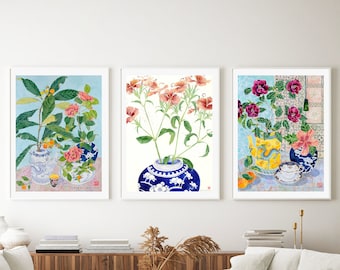 Chinoiserie Set of 3 Framed Prints , Watercolour Wall Art , Flowers Still Life Painting , Fruit Wall Decor , Chinese Ceramics , Large size