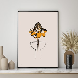 Still Life Flower Framed Print , Line Art Illustration Wall Art , Boho Living Room Decor , Minimal Plant Print , Bedroom Decor