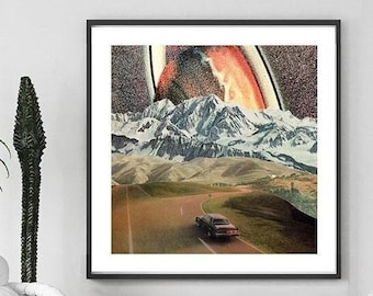 Vintage Framed Print , Surreal Wall Art , Vintage Car , Cosmic Universe Print , Collage Living Room Decor , 12x12 , 20x20 frame