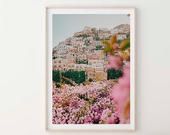 Positano Print , Amalfi Coast Italy Wall Art Photography Fine Art  , Pink Flowers Framed Room Art ,  12 x 16  18 x 24 Home Decor