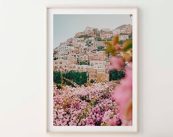 Amalfi Italy Framed Print , Positano Wall Art , Italian Coast Photography , Pink Flowers Print , Room Decor  6x8 12x16  18x24 Inch Frame