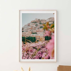 Amalfi Italy Framed Print , Positano Wall Art , Italian Coast Photography , Pink Flowers Print , Room Decor 6x8 12x16 18x24 Inch Frame image 1