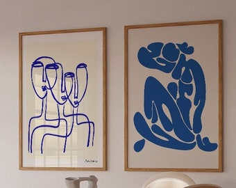 Set of 2 prints , Framed Wall Art , Matisse Style , Scandinavian , Modern Blue Art , A2 Prints , Blue Portrait , Set of 2 Posters