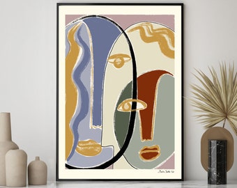 Abstract Face Framed Print , Picasso Style Wall Art , One Line Art , Boho bedroom Decor , Modern Living Room Decor , Portrait Art Print