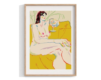 Wine Print , Wineglass Art, Framed Wall Art, Yellow Print , Abstract Woman , Modern Art Print, Home Decor, Large Framed Art