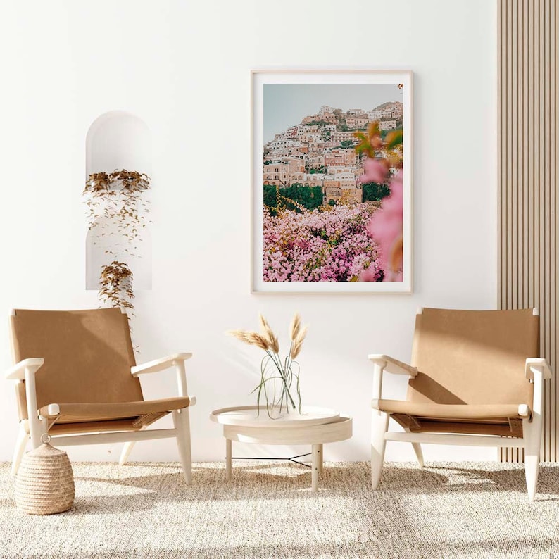 Amalfi Italy Framed Print , Positano Wall Art , Italian Coast Photography , Pink Flowers Print , Room Decor 6x8 12x16 18x24 Inch Frame image 1