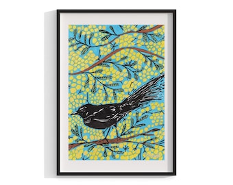アボリジニの額入りプリント、鳥と花の壁アート、現代的な壁の装飾