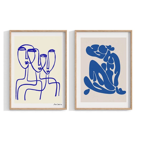 Set of 2 prints , Framed Wall Art , Matisse Style , Scandinavian , Modern Blue Art , A2 Prints , Set of 2 Posters , HIGH RESOLUTION