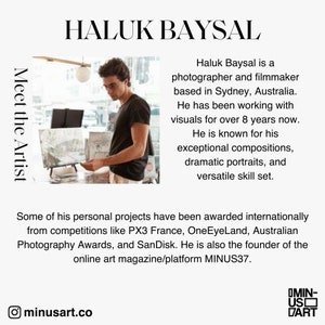 May include: Image featuring the text "HALUK BAYSAL" and "Meet the Artist." A photograph of a man wearing glasses and a black t-shirt is included. The text describes him as a photographer and filmmaker based in Sydney, Australia.